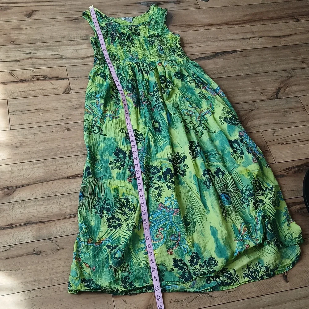 Women's Green Tropical Print Sleeveless Cotton Summer Dress By Hanna Small